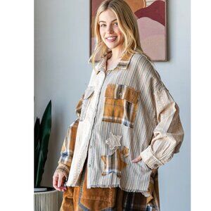 T0359 OLI & HALI Mustard Cream Star Patchwork Button Up Shirt